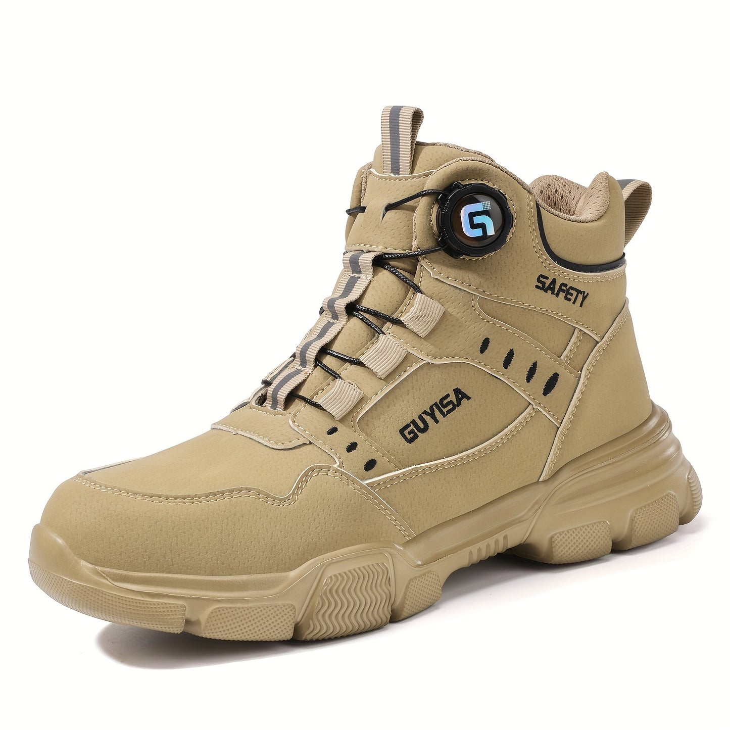 High-top khaki safety shoes for men with steel toe, anti-smash, and anti-puncture features. Durable and comfortable construction boots with smart buckle, suitable for all seasons.