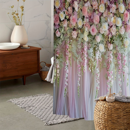 Waterproof shower curtain with vintage floral print, 12 hooks included. Machine washable and made of water-resistant polyester. Features woven arts-themed design with other patterns.