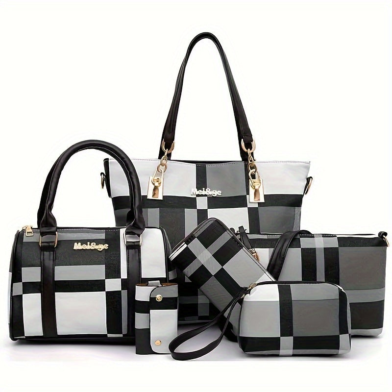 6-piece set of checkered pattern shoulder bags including a handbag, crossbody bag, clutch bag, long wallet, and short wallet.