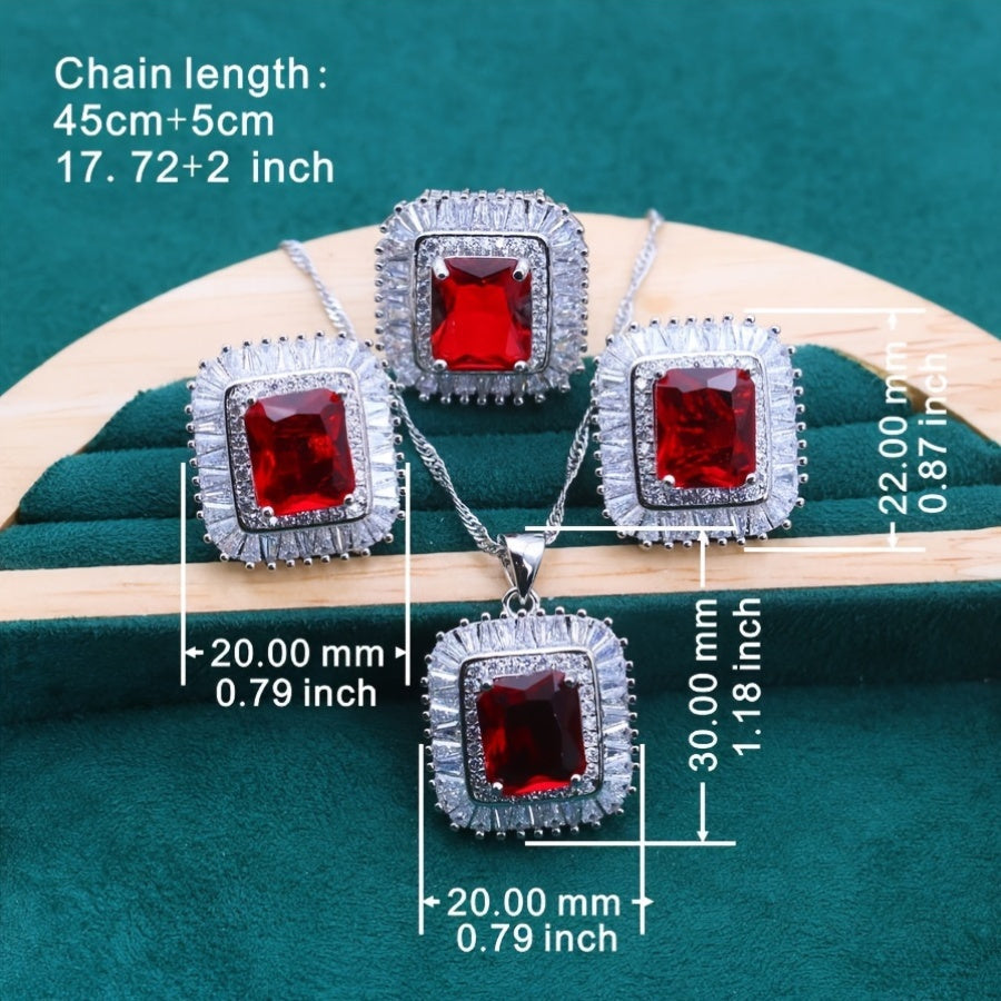 5-piece Jewelry Set for Women: Wedding Earrings, Necklace, Bracelet, and Ring featuring Red Garnet and White Gold Plating, designed for a luxurious look