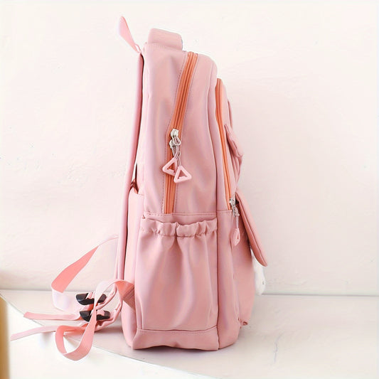 Women's backpack set with cute cartoon ears, lightweight and fashionable design. Includes 4-piece set with large capacity, zipper closure, and polyester lining. Origin: Baigou Production