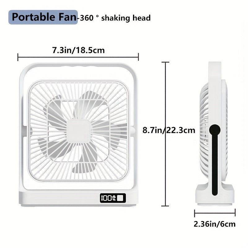 Introducing the Goard 8-inch Portable High-Velocity Table Fan with Digital Display and 5-Speed Button Control. This fan features a 360° rotating design and is USB rechargeable, making it perfect for travel, office, or home use. Made with ABS material and