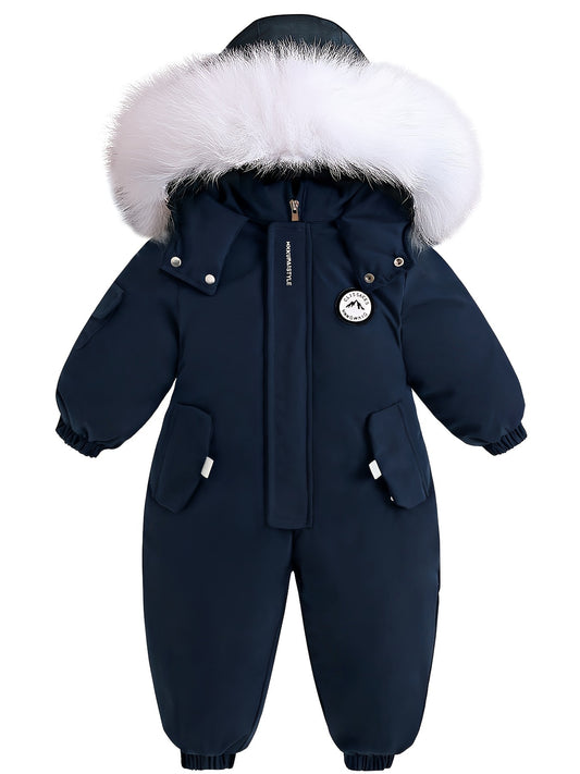 Winter baby jacket with hood, fur trim, pockets, fleece-lined, zip-up, unisex, navy blue.