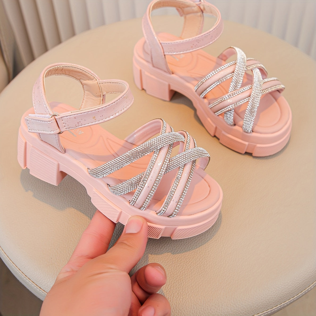 Pink princess sandals with sparkles, high heel, soft sole, hook-and-loop strap, rhinestone accents, for casual spring/summer wear, girls shoes.