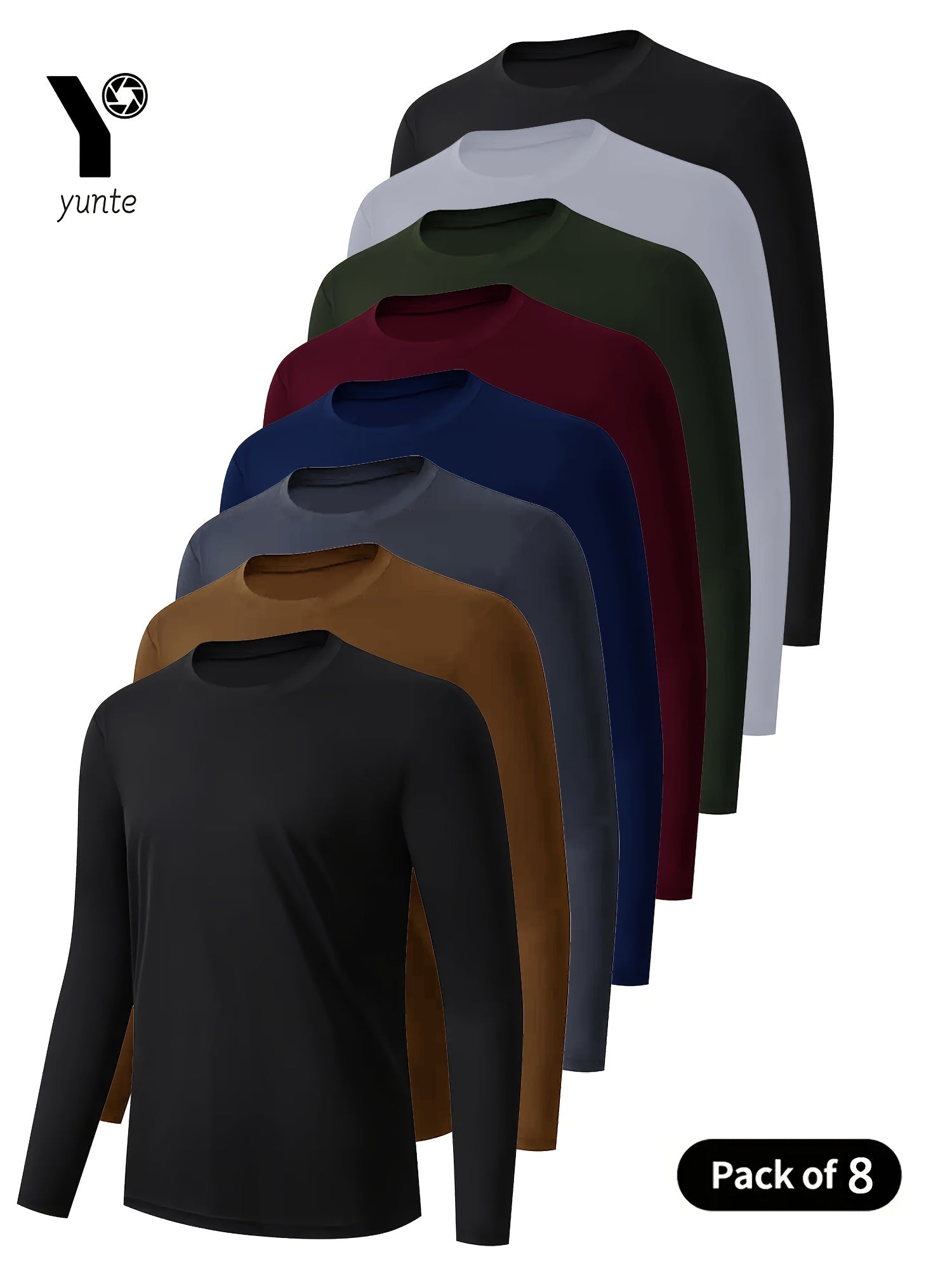 Yunte Men's Athletic Long Sleeve Crew Neck Shirts - 8pcs, Quick-Dry, Moisture-Wicking Polyester in Assorted Colors (Black, Khaki, Gray, Navy, Deep Red, Army Green, White, Black) - Ideal for