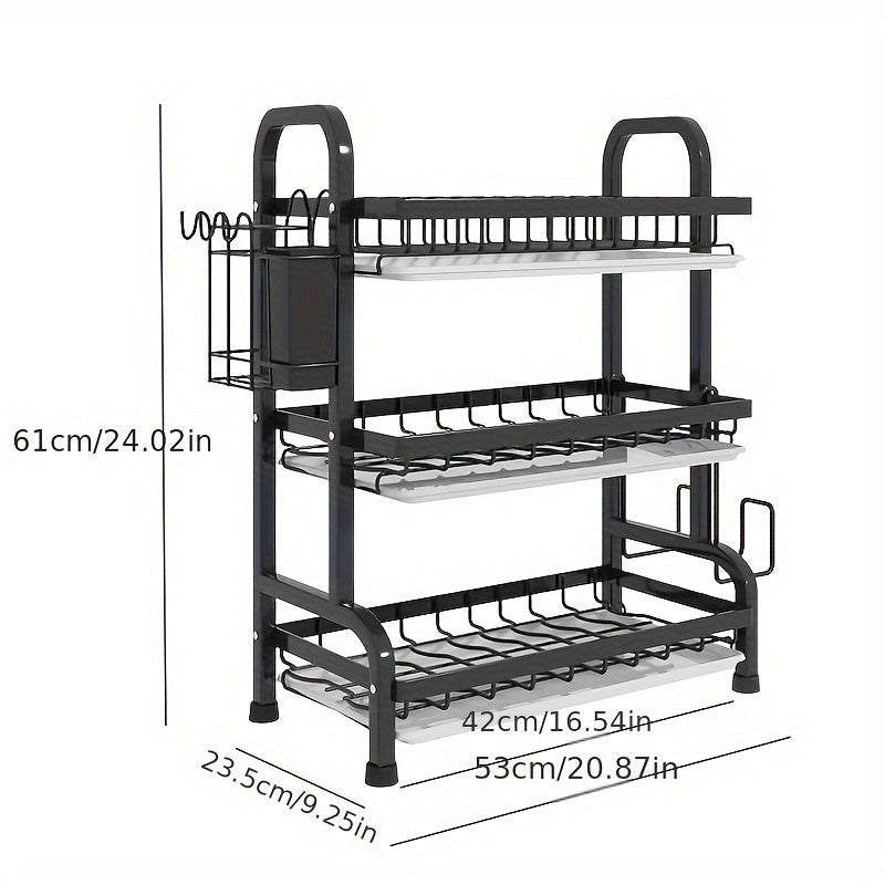 3-Tier Black Dish Drying Rack with Drainboards, Utensil & Cutting Board Holders - Space-Saving Kitchen Counter Organizer.