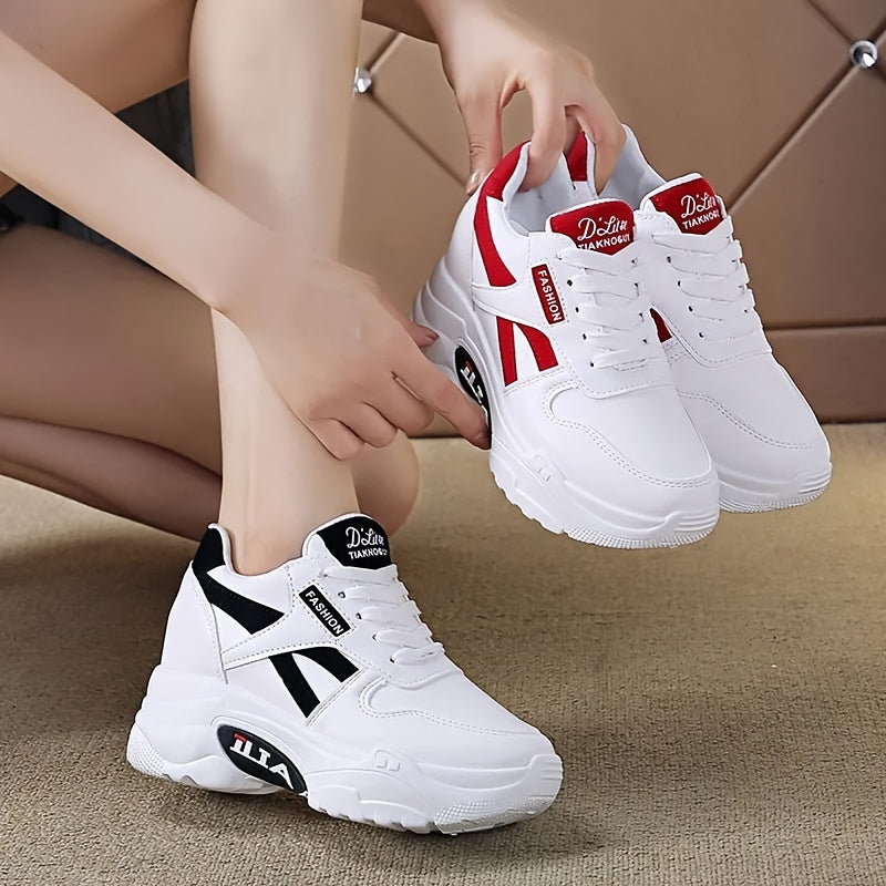 Women's Casual Dad Sneakers - White with Red Accents, Thick 8cm Sole, Lace-Up, Versatile Height Increase Shoes, Chunky Sole, Durable Rubber Sole