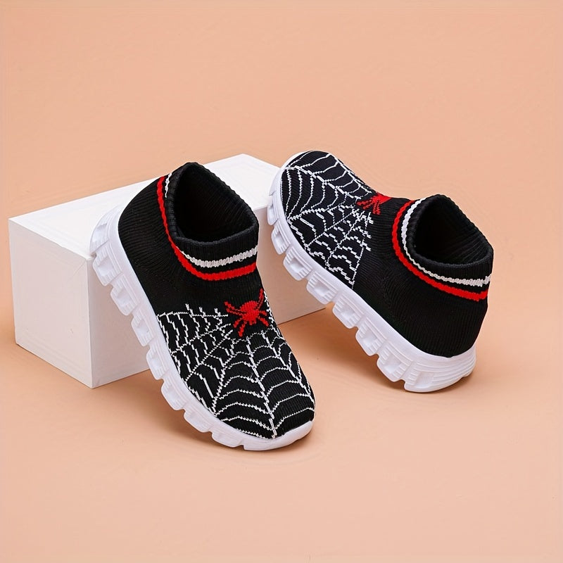 Breathable slip-on woven shoes with a cool spider pattern for boys, perfect for walking and running.