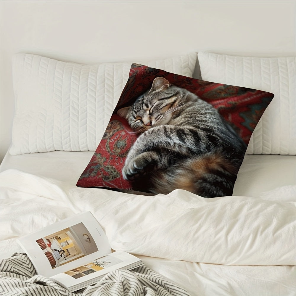 Polyester Pillow Cover featuring a Stylish Gray Tabby Cat design - Zipper Closure, Double-Sided Pattern for Valentine's Day, Halloween, and Christmas Decor - Pillow Not Included