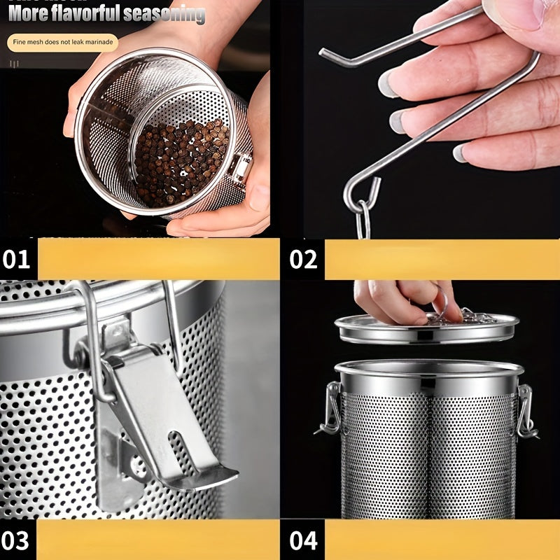 This spice infuser is made of durable stainless steel and features a buckled lid and extended chain for easy use. The fine mesh seasoning strainer is perfect for soups, teas, and herbs, making it ideal for both home cooking and restaurant use.