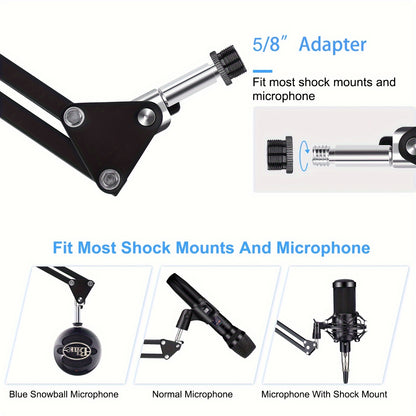 Durable black metal cantilever boom microphone stand with upgraded base compatible with most microphones, shockproof, and versatile mounting. Great for recording in studio with mobile phone