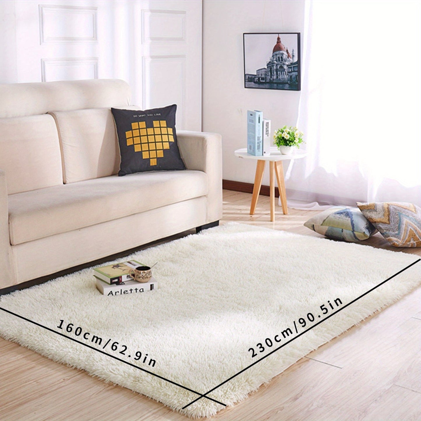 1 piece of an ultra-soft plush rug in white for a large area, featuring a non-slip design and fluffy shaggy texture. This waterproof shaggy throw rug is perfect for the living room, bedroom, nursery, game room, dormitory, or teenage room decoration. Add