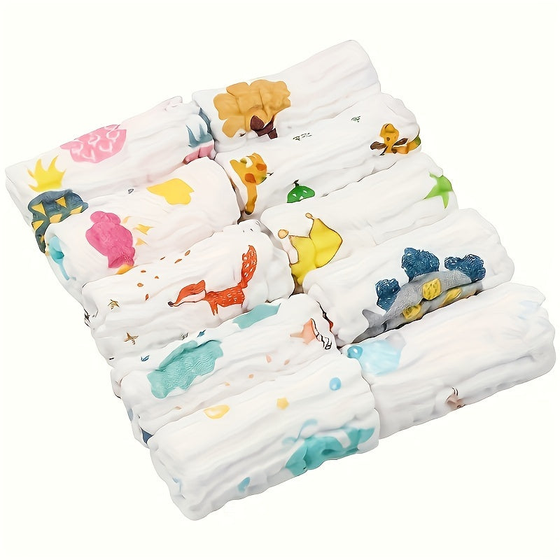 10-Pack of 25x25cm Cotton Baby Burp Cloths with Quick Absorbent Multilayer Printed Muslin Towels in Random Patterns, White Color, Ideal for Home and Travel Use. Can be Used as Infant Bath Towels and are Washable.