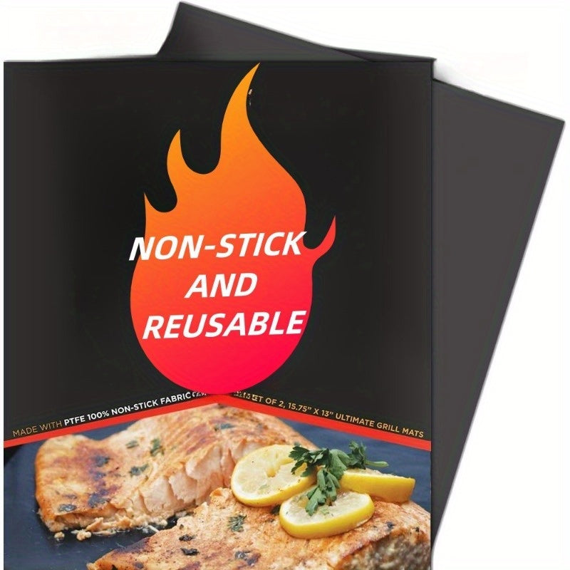 Set of two fiberglass grill mats that are non-stick, reusable, and easy to clean. Suitable for use with gas, charcoal, and electric grills. Includes one mat measuring 40.01x33.02cm and one mat measuring 40.01x59.94cm. Color: Black.