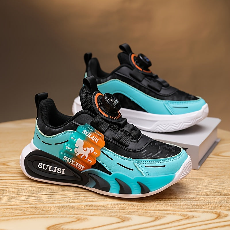 Kids' color block sneakers with rotating buckle, non-slip and durable for outdoor activities.