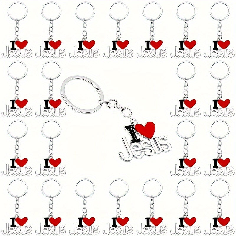 Set of 20 I Love Jesus Keychains, Religious Alloy Pendant Keyrings, Heart-Shaped Charm, Women's Key Ring, Christian Faith Favors, Prayer Gifts for Decorating, Birthday Celebration with Ring Loop