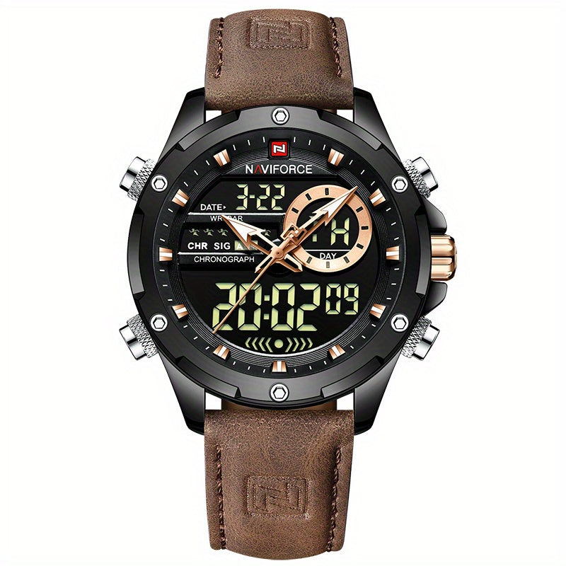 NAVIFORCE 9208 Digital Men's Watch with Waterproof LED Dual Display Quartz, Big Dial Chronograph Function.