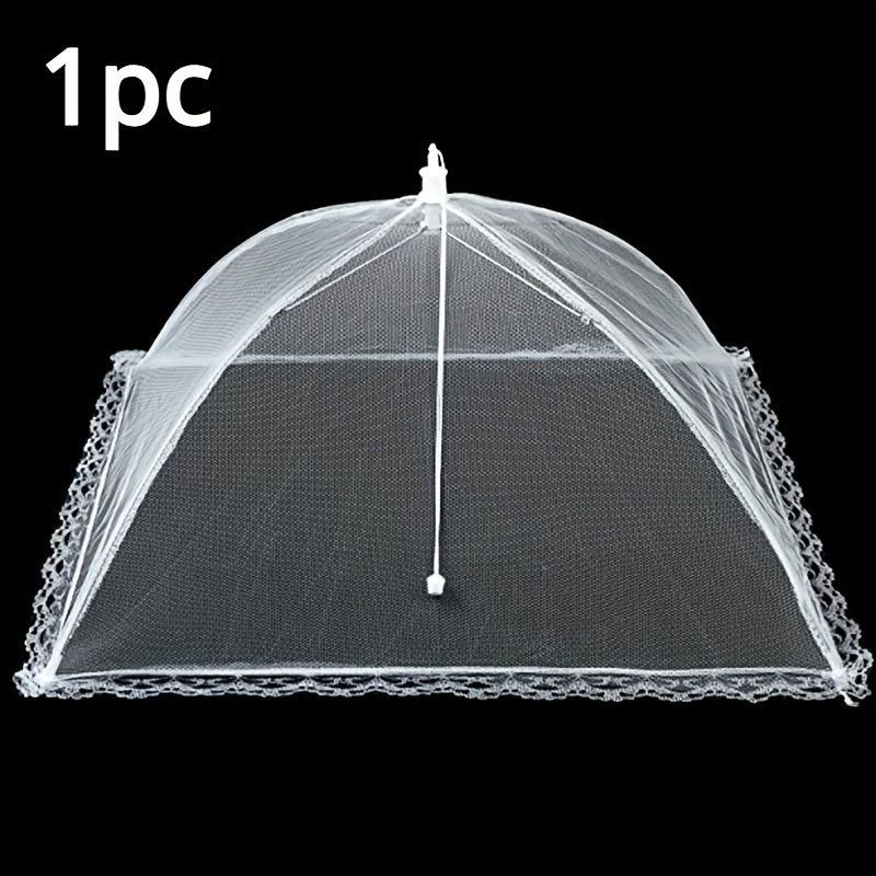 Foldable white picnic net food cover with large table cover for washing vegetables and protecting from dust.