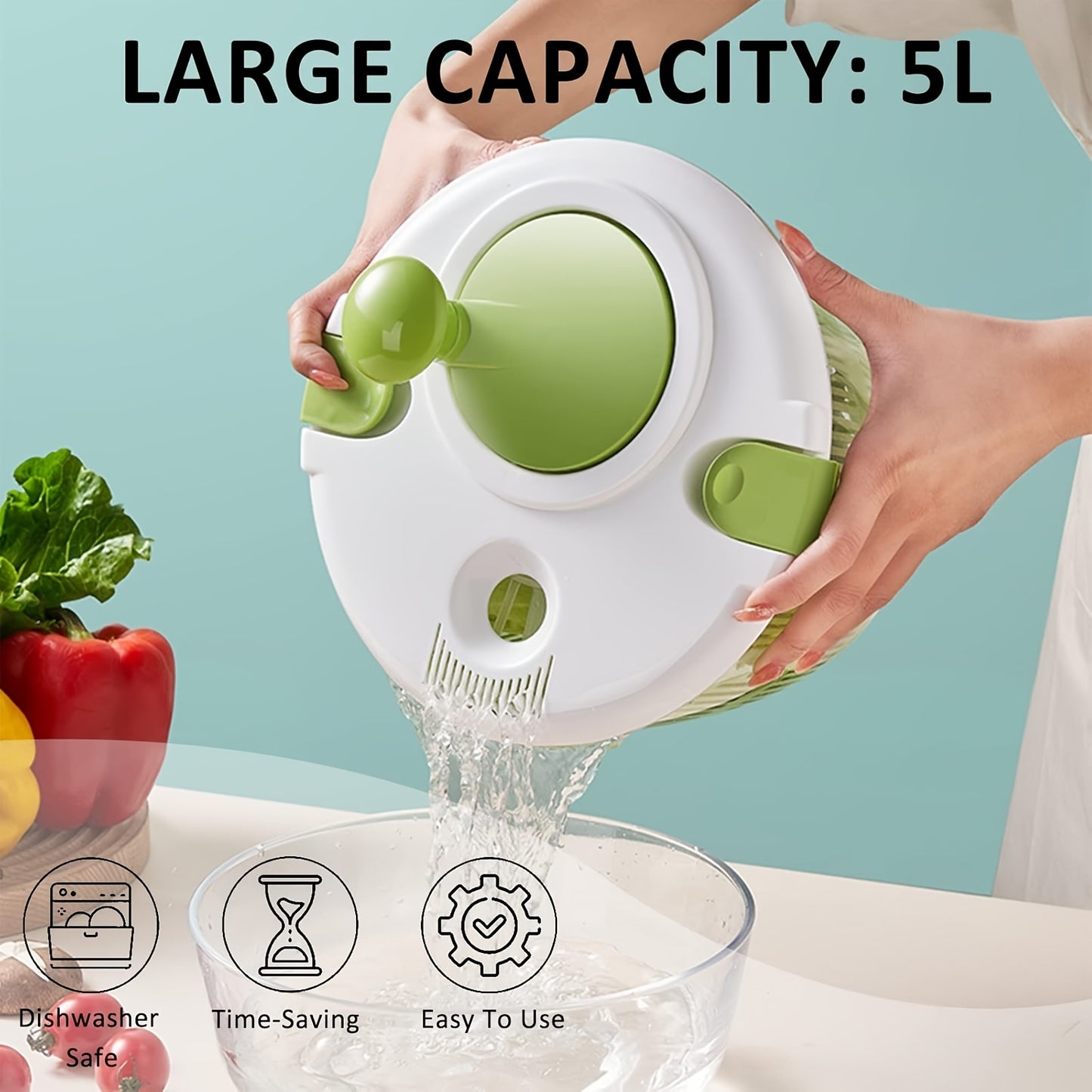 Plastic salad spinner with filter basket for drying salad, fruits, and vegetables in the kitchen. No electricity needed, includes rotating bowl and mesh basket.