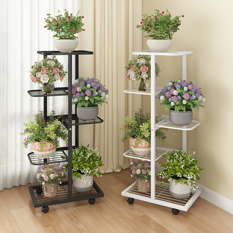 Metal plant stand on wheels with a lacquered finish and plaid pattern, featuring multi-tiered shelves for indoor or outdoor use in living areas and balcony spaces.