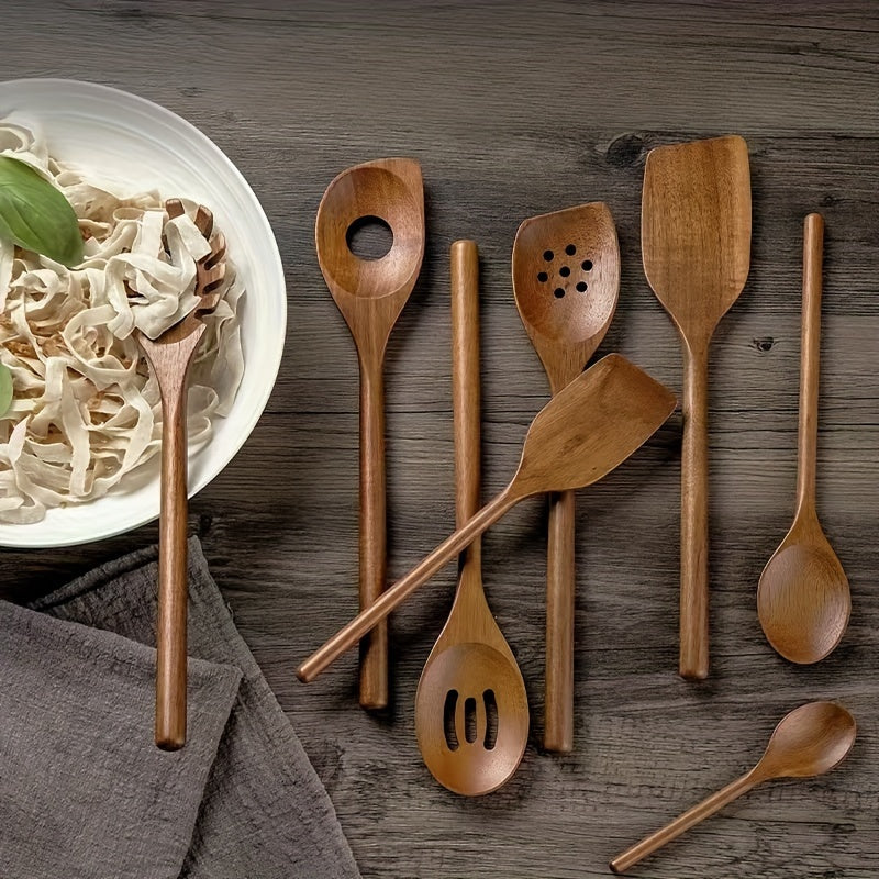 Set of 8 Acacia Wood Kitchen Utensils - Includes Non-Stick, Heat-Resistant Cooking Tools such as Spatula, Ladle, Rice Paddle, Stirring Spoon, and Salad Spoon