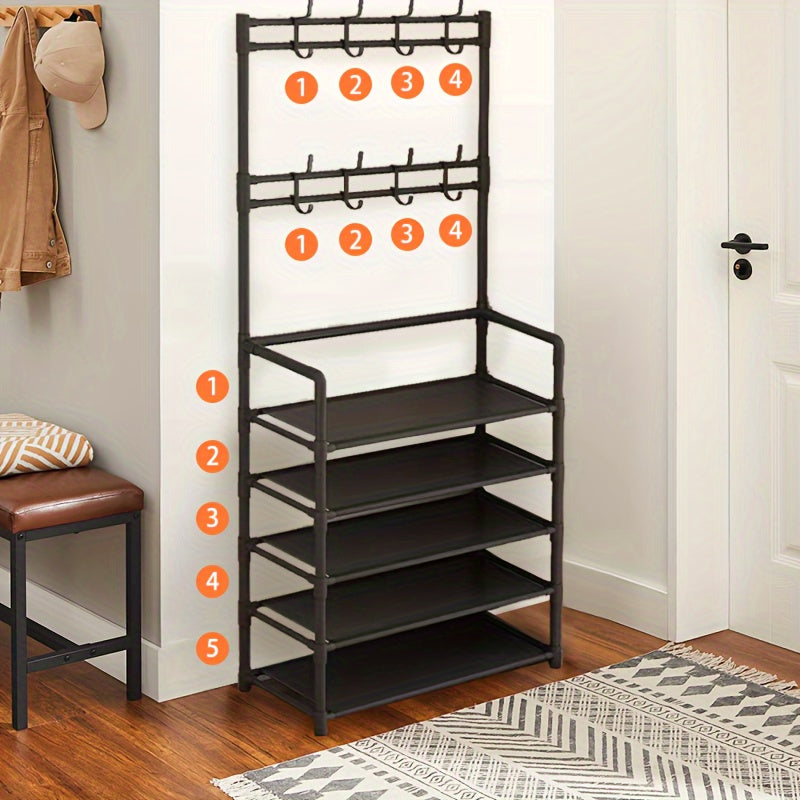 Durable hanger and shoe storage with 8 hooks and shelves, ideal for organizing coats and shoes in home entrances, foyers, bedrooms, and bathrooms. No assembly required.