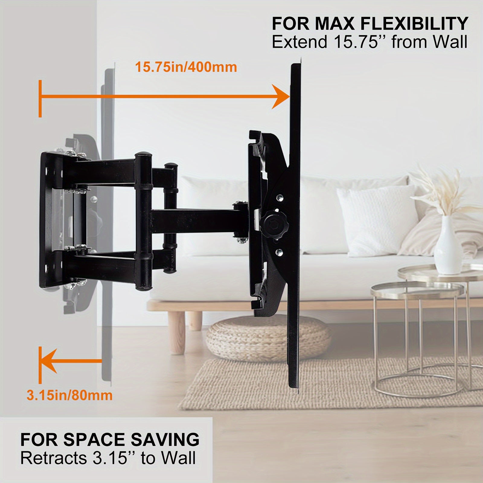 Adjustable Full Motion TV Wall Mount Bracket - Compatible with Screens 26-70 inches, Swivels and Tilts, Supports VESA 600x400mm, Capacity of 49.9KG