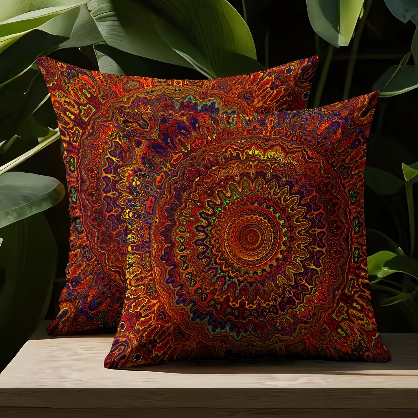 Red Fantasy Golden Mandala Bohemian Style Pillow Cover, 2pcs, Short Plush Fabric, Double-sided Printing, 45.72cm x 18in, Modern Art Style, Home Decoration (Pillow core not included)