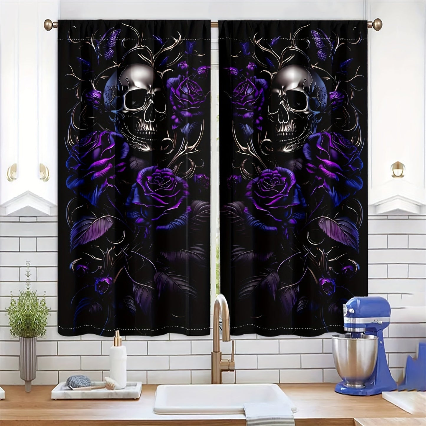 Semi-Transparent Halloween Skull & Butterfly Chrysanthemum Curtains - Set of 2, Privacy-Protecting Drapes for Living Room and Bedroom Decoration