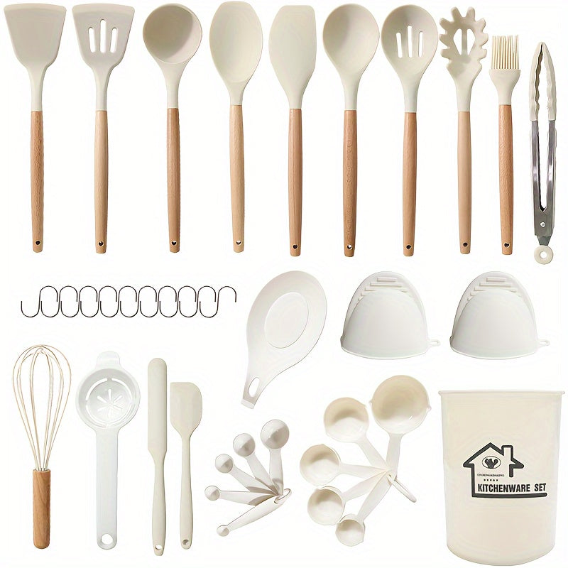 38-piece set of silicone utensils with wooden handles, designed for safe and non-stick cooking. This modern cookware collection is washable and includes all the kitchen essentials and gadgets you need.