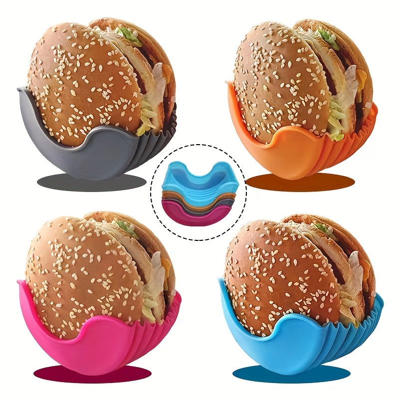 Set of 4 silicone hamburger clips for portable, no-contact storage and easy washing.