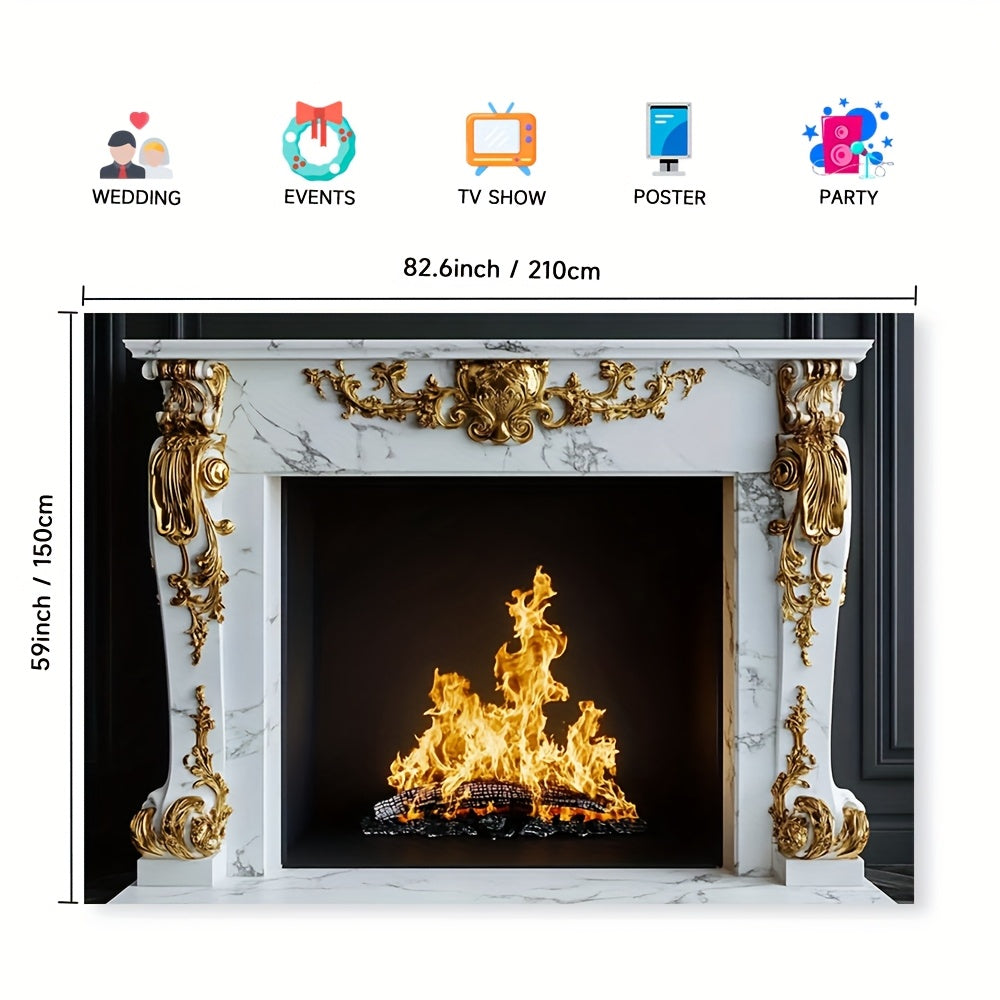 Classy White Marble Fireplace with Beautiful Golden Baroque Details - Perfect Polyester Background for Photoshoots, Events & Seasonal Decor