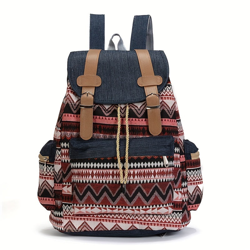 Boho Chic Women's Denim Backpack with Geometric Tribal Pattern, Adjustable Straps, Large Capacity, Multiple Compartments, Zippered Pockets, Blue & Brown Design.