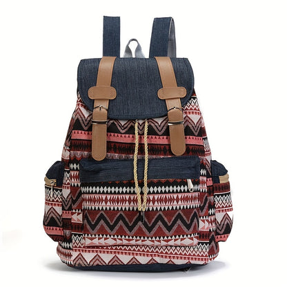 Boho Chic Women's Denim Backpack with Geometric Tribal Pattern, Adjustable Straps, Large Capacity, Multiple Compartments, Zippered Pockets, Blue & Brown Design.