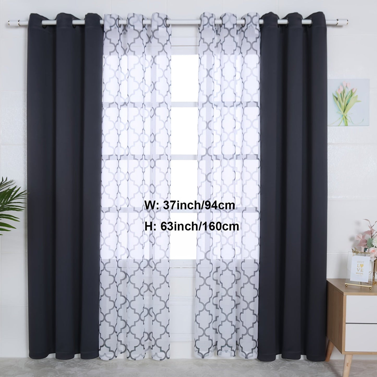 Blackout Curtains and Sheer Panels with Snowflake Pattern, Including Rods, Indoor Set of 4, Weighing 200 Grams in Total.