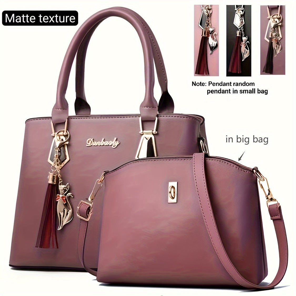 Solid color women's handbag set with tassel charm, zip closure, polyester lined. Versatile for shoulder or crossbody wear. Available in earthy tan, purple, red, blue, and black for fall and