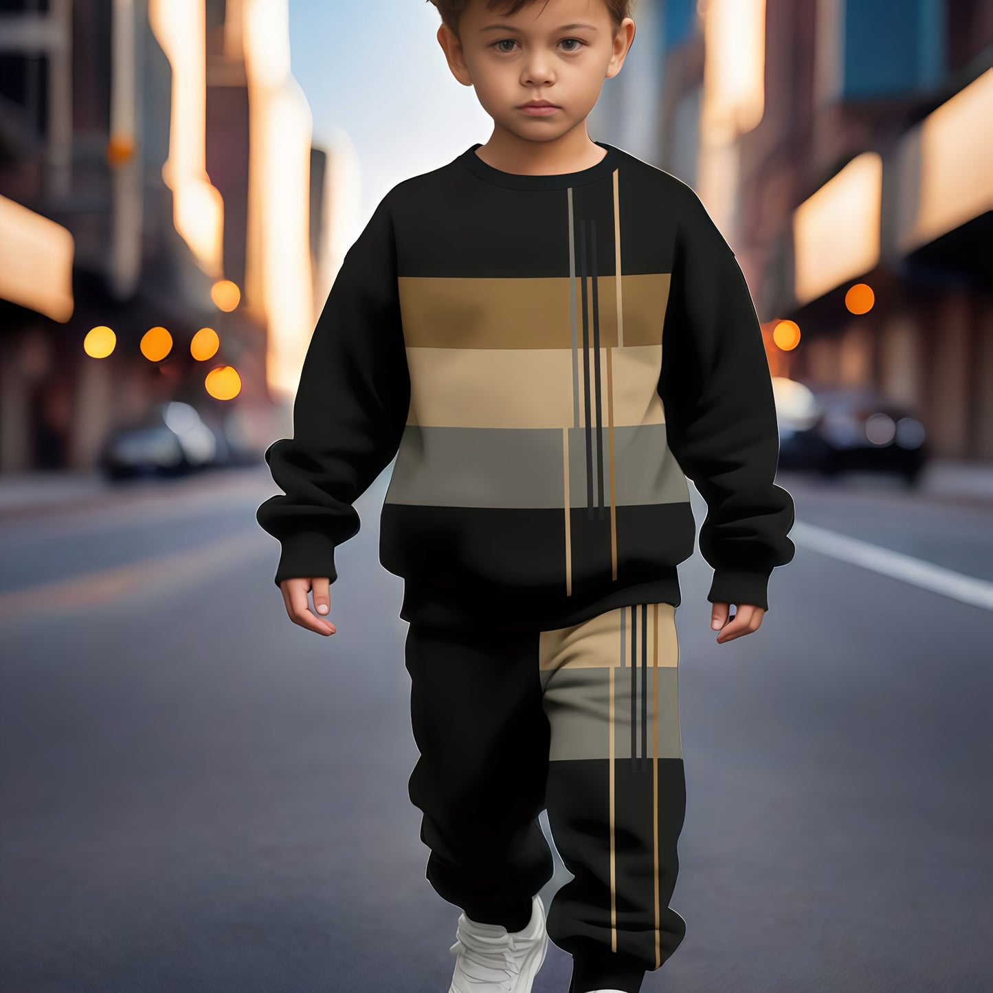 Boys' 2-piece sports suit with striped sweatshirt and joggers. Comfortable fabric, ribbed hem, perfect for outdoor activities in spring and autumn.