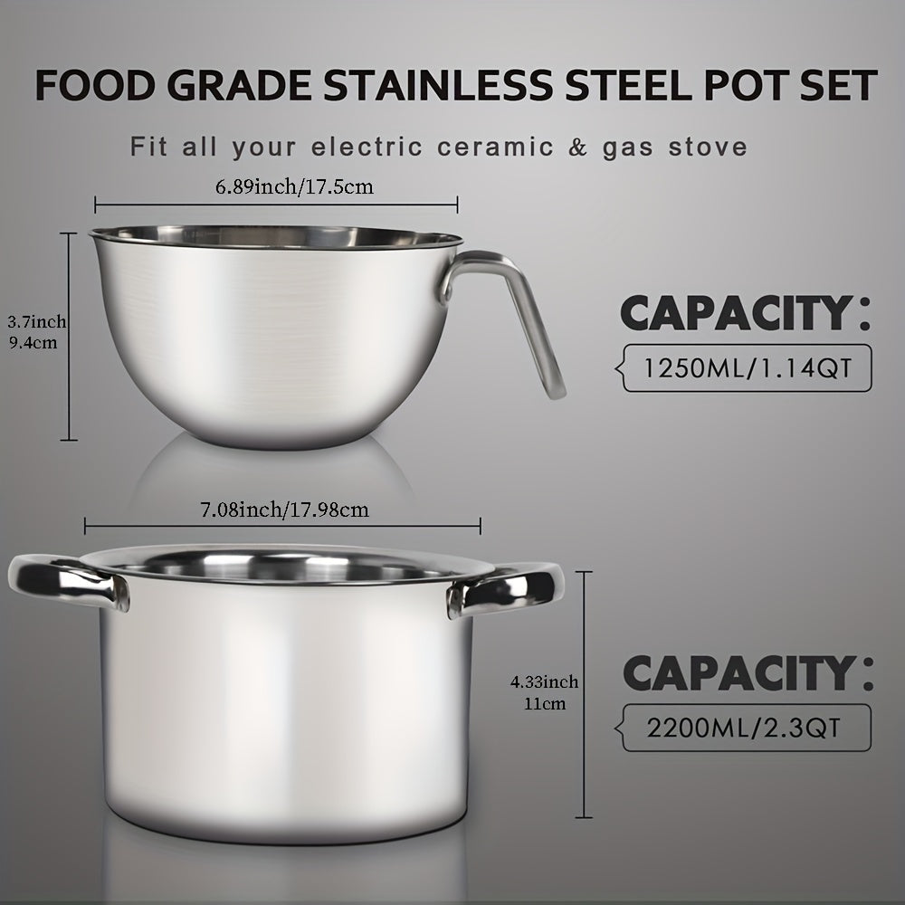 Get two pots for melting different substances: a 1250ML/1.1QT mixing bowl for chocolate and a 2200ML/2QT 304 stainless steel pot with a silicone spatula for melting chocolate, candy, candles, soap, wax, and other cookware needs.