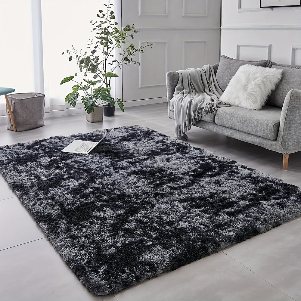 Luxurious Scandinavian-Style Black Tie-Dye Rug with Fluffy Soft Polyester, Stain-Resistant Non-Slip Carpet for Living Room, Bedroom, or Office. Perfect for All Holidays, this Machine-Made Indoor Mat adds a touch of elegance to any space.