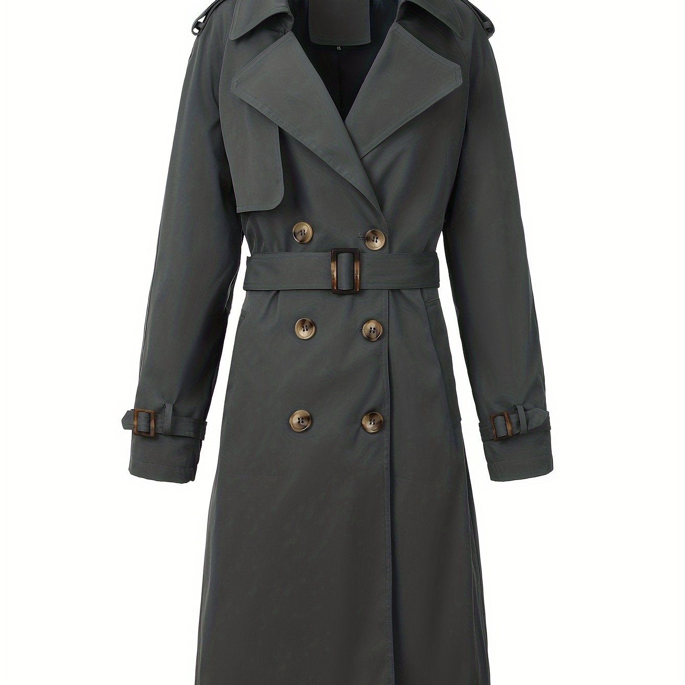 Stylish beige trench coat for women with belt, perfect for fall and winter. Made of polyester, mid-length with double-breasted front and long sleeves.