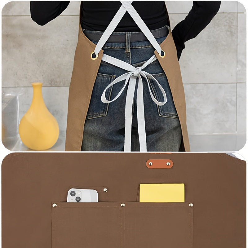 Unisex canvas apron with pockets, adjustable strap, ideal for coffee shops, restaurants, kitchens, and various other professions. Made of durable 240G/M² woven fabric with a protective