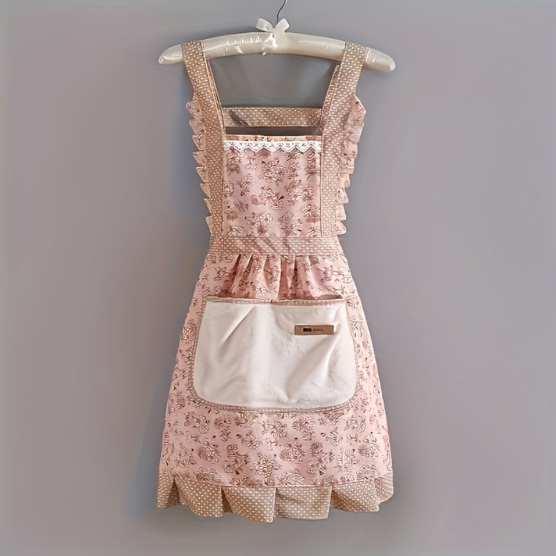 Waterproof floral lace apron with towel pocket; ideal for kitchen, living room, and bathroom.