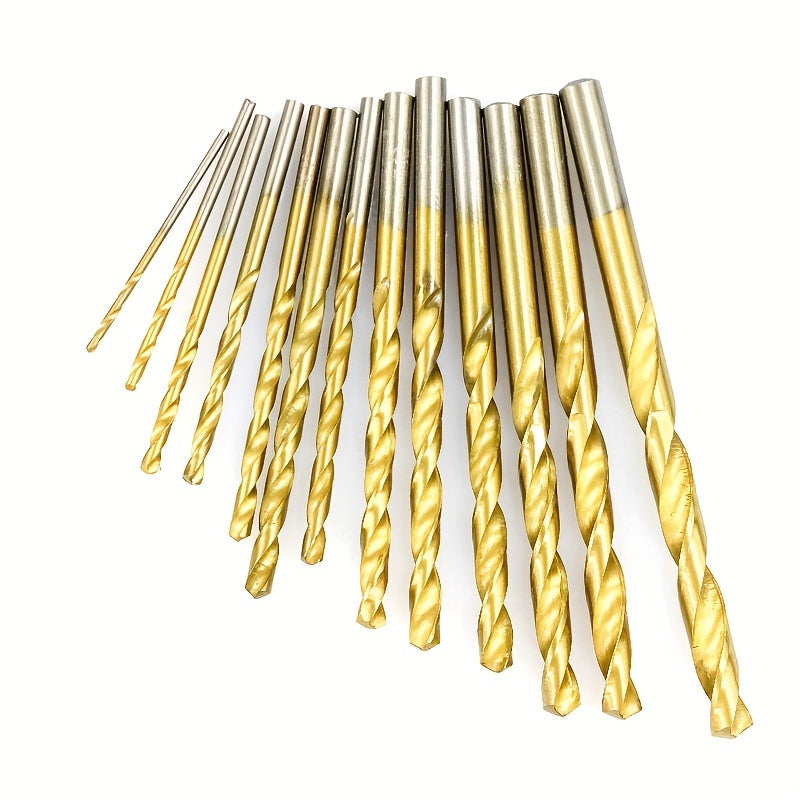 Titanium coated hex shank drill bit set includes 13, 50, or 99 pieces. Made of high-speed steel, suitable for drilling steel, aluminum, and copper. Sizes range from 1/16 inch to 1/2 inch.