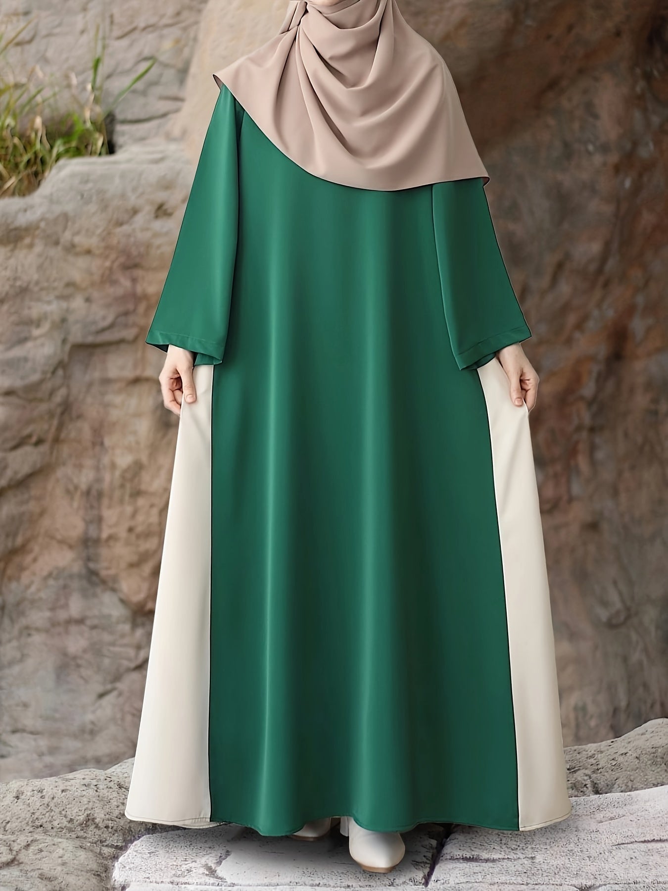 Kaftan dress with color block lace-up sides, loose fit, and long sleeves, without headscarf.