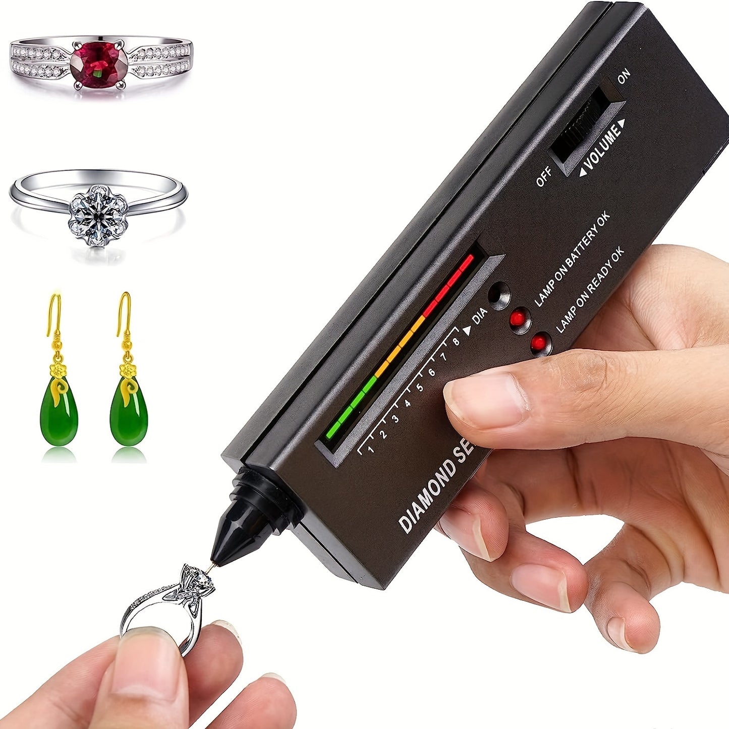 Diamond tester pen with high accuracy, tri-color indicator, and preheating function. Battery not included.