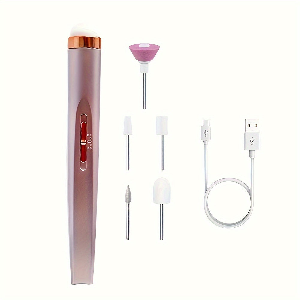 Portable electric nail drill with 5 attachment bits, LED light, adjustable speed, USB charge for manicure and nail care.