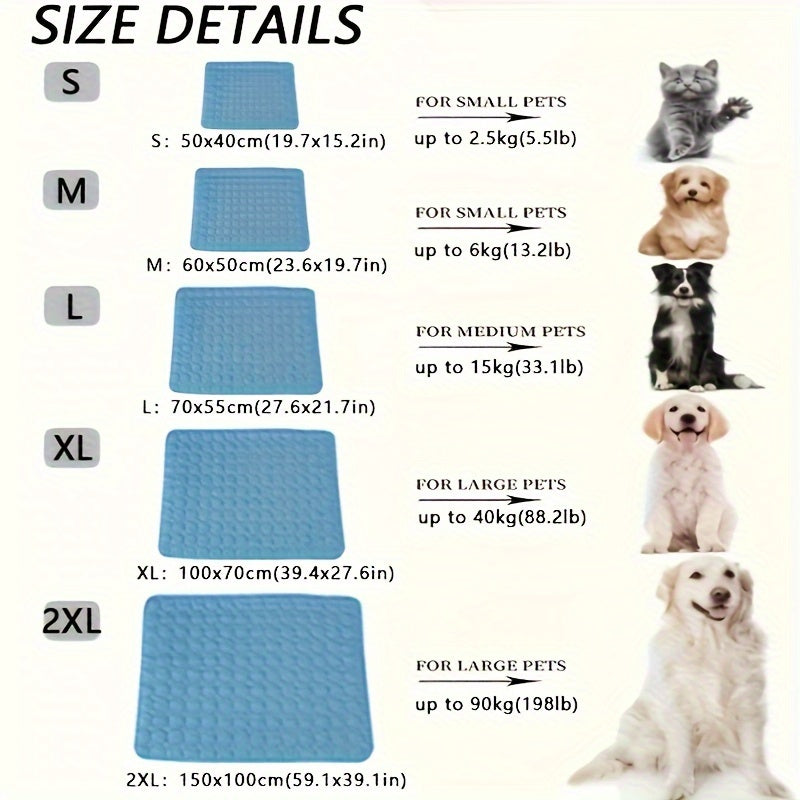 XL cooling pet mat for dogs & cats with non-slip, washable, scratch-resistant features. The gray mat with white zigzag pattern is waterproof and made of polyester to keep pets cool all