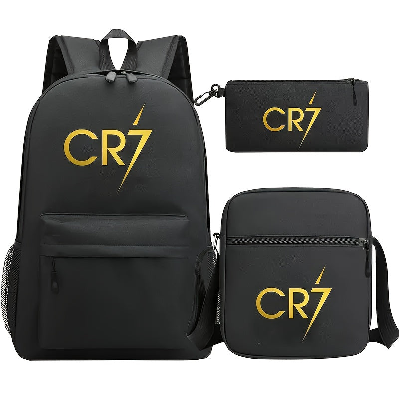 CR7 Star Print Polyester Backpack Set includes 3 pieces: backpack, crossbody bag, and pencil case. Casual style, durable, lightweight, with zipper closure. Hand washable. Made of durable