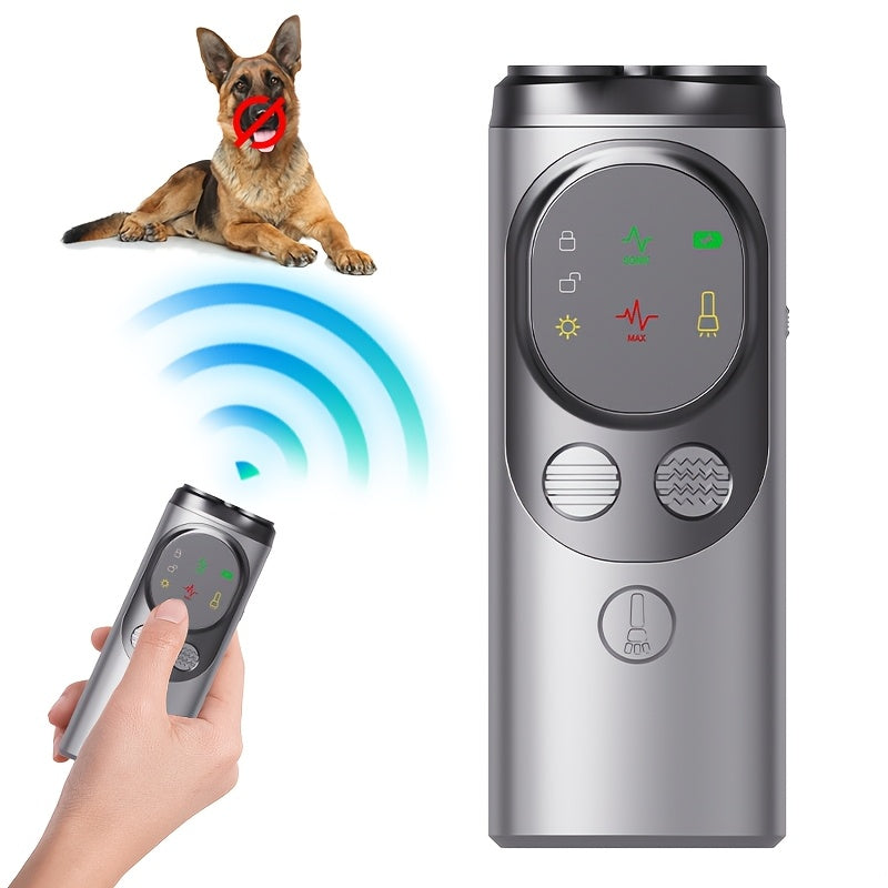 Rechargeable bark control device with LED flashlight for training dogs, with USB charging and lithium battery.