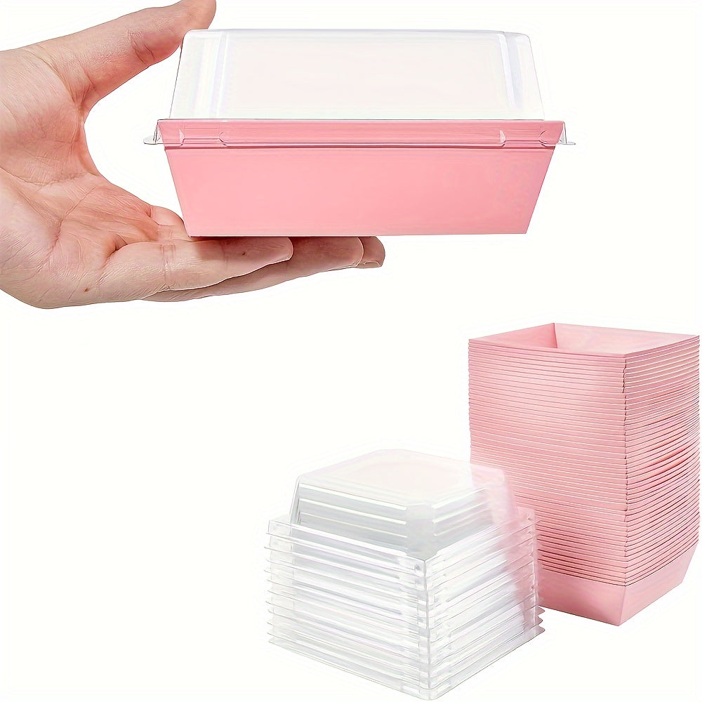 Set of 20 Paper Charcuterie Boxes with Clear Secure Lids - Perfect Square Dessert Containers in Pink for Strawberries, Cookies, Cake Slices, Brownies, and Cinnamon Rolls. Ideal for Kitchen Organization and Storage of Baking Supplies and Accessories.